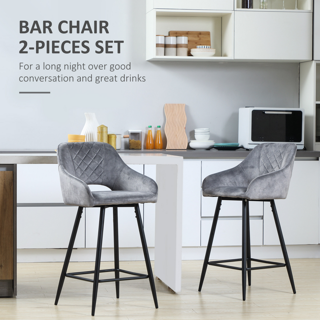 HOMCOM Bar Stools Set of 2, Velvet-Touch Fabric Counter Height Bar Chairs Grey