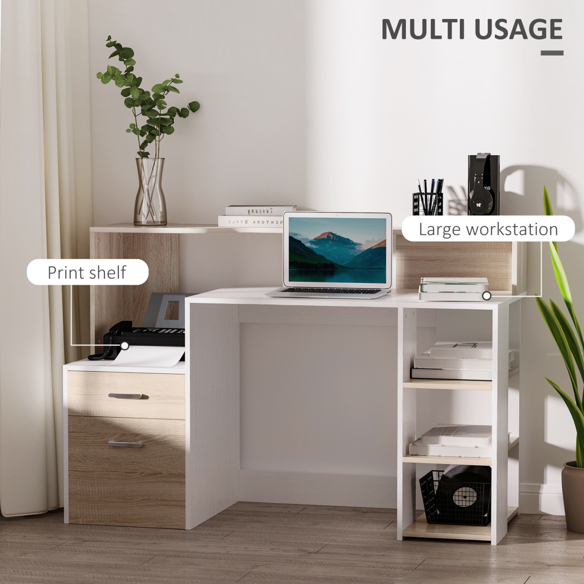Multi-Storage & Workstation Desk Table Storage Shelves Home Office Oak HOMCOM