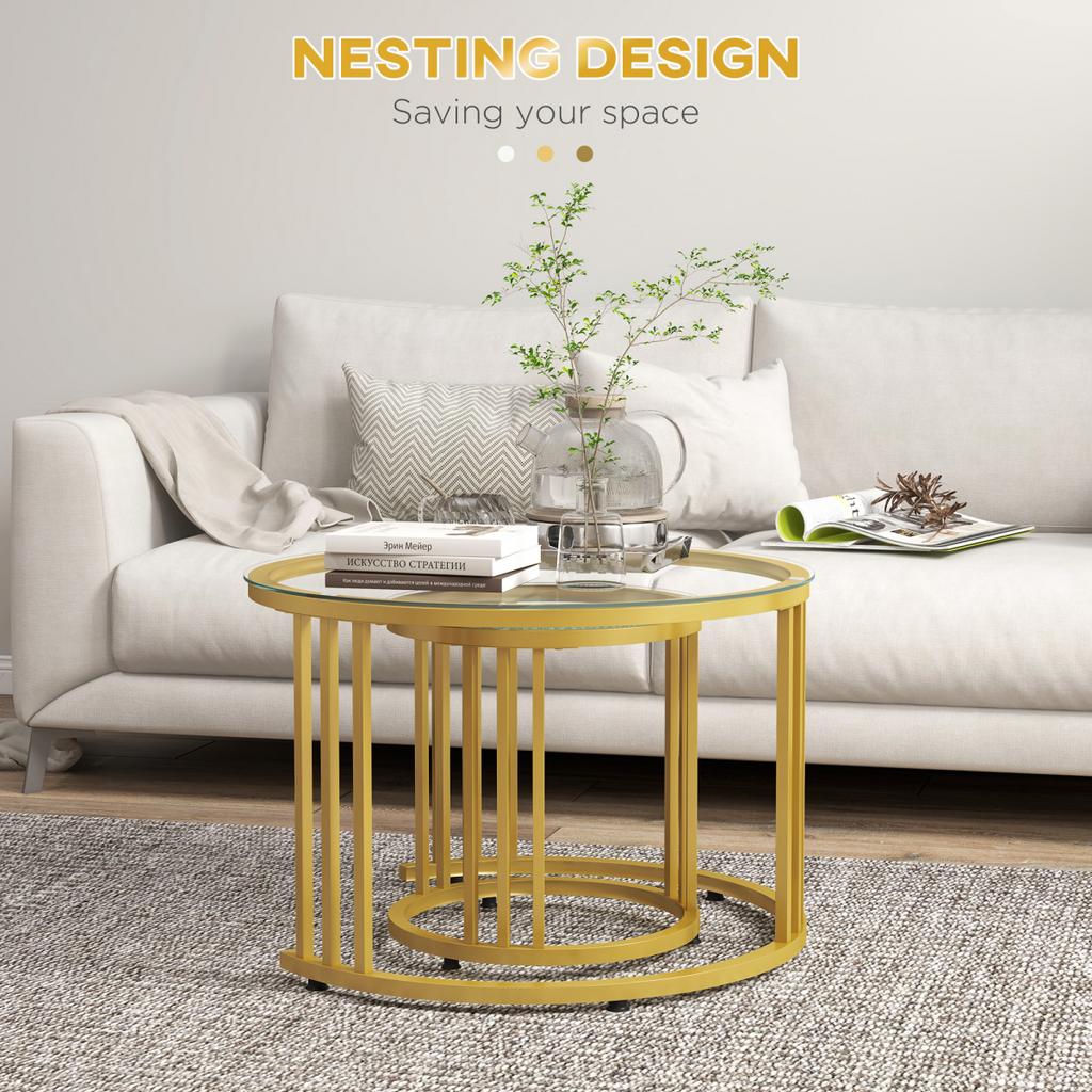 HOMCOM 2 Pieces Round Nesting Coffee Tables with Tempered Glass Top, Gold Tone