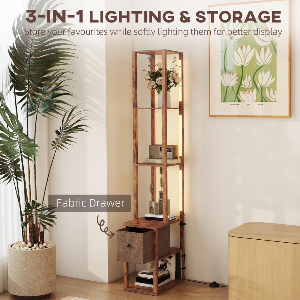 Rustic Brown LED Floor Lamp with Shelves & Drawer