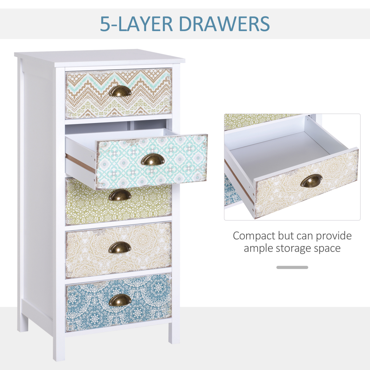 Storage Chest Unit Dresser 5 Drawer Retro Style Wood White Entryway