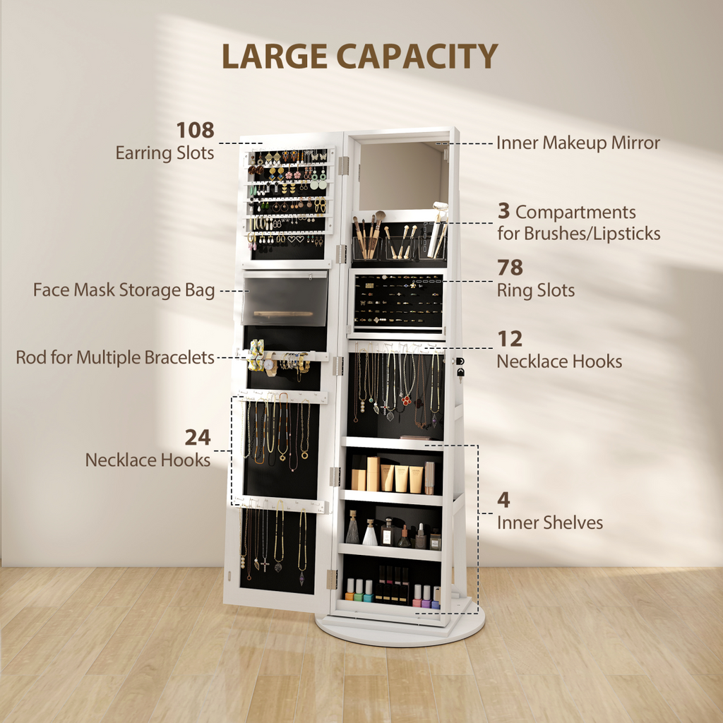 HOMCOM 360° Swivel Jewellery Cabinet, Full Length Mirror with Storage, White