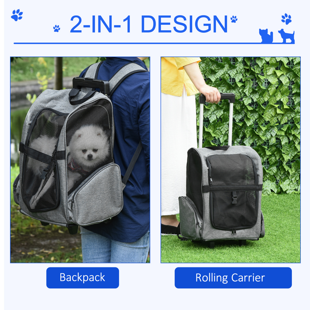Pet Travel Backpack Bag Cat Dog Carrier w/ Trolley and Telescopic Wheel Grey
