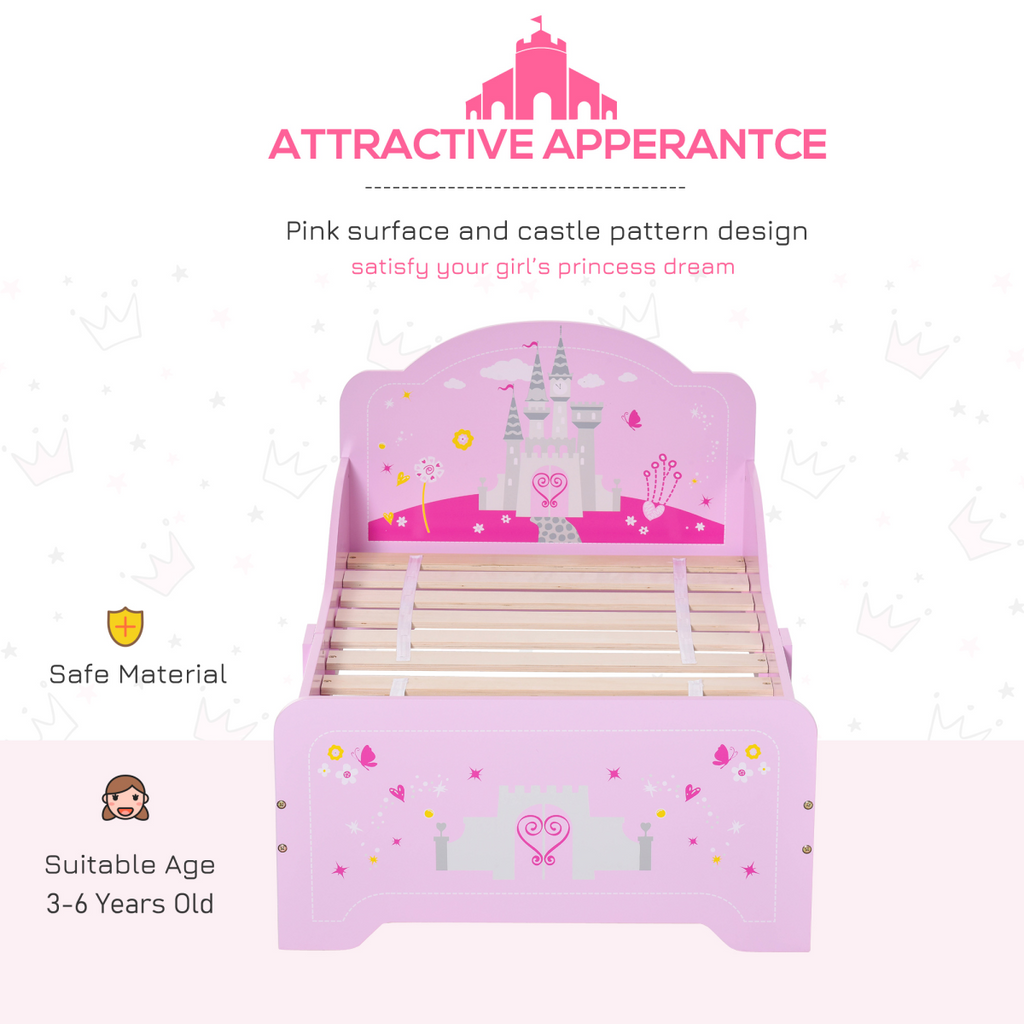 Kids Bed Princess Castle Theme with Side Rails Slats Home 3-6 Yrs Pink