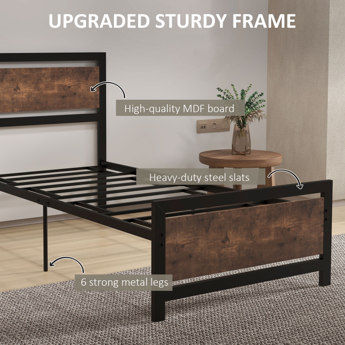 HOMCOM Single Size Metal Bed Frame with Headboard & Footboard, 97x195x103cm
