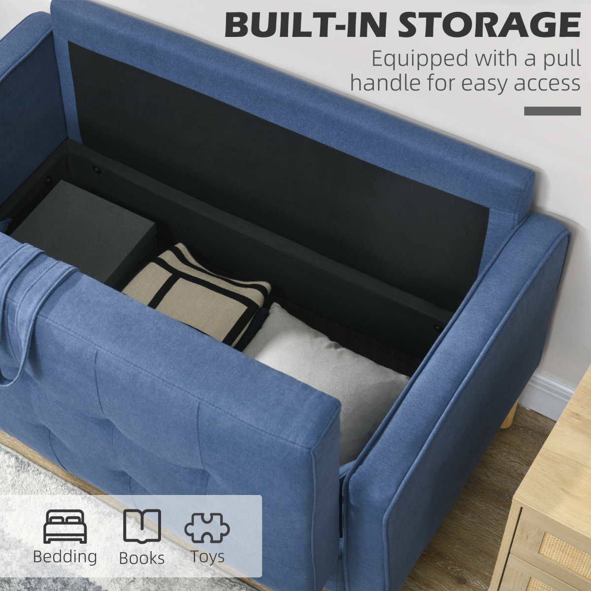 HOMCOM Compact Loveseat Sofa 2 Seater Sofa with Storage and Wood Legs Blue