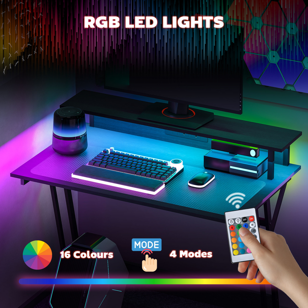 HOMCOM LED Gaming Desk with Power Outlets and Monitor Stand 100 x 60cm Black
