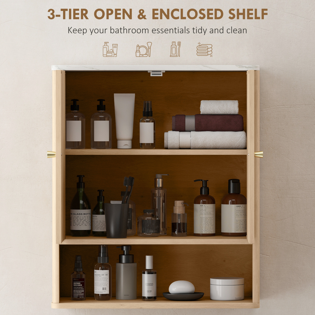 HOMCOM Bathroom Wall Cabinet with Adjustable Shelf and Open Shelf, Oak