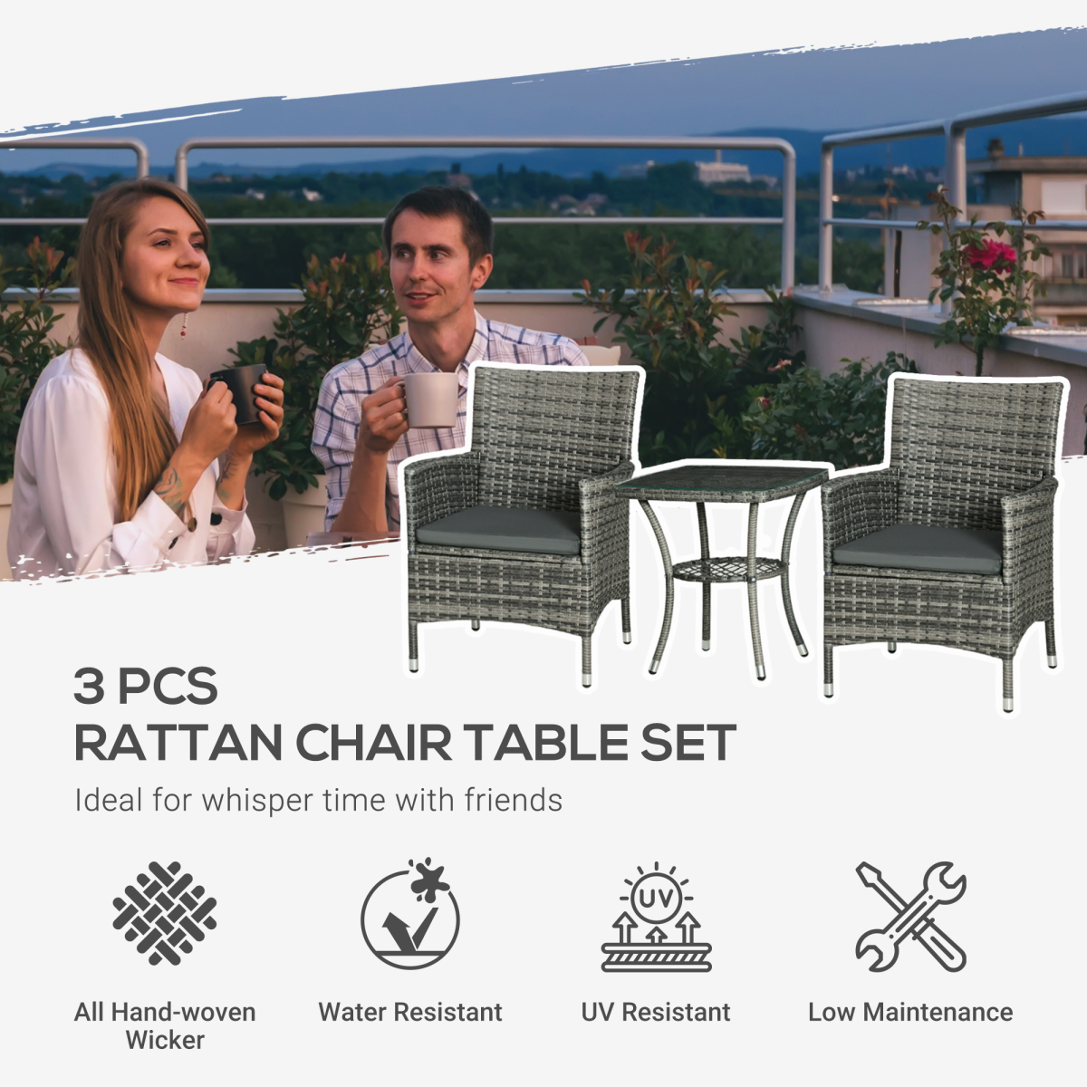 2 Seater GardenRattan Furniture Bistro Set Table Set Conservatory, Light Grey
