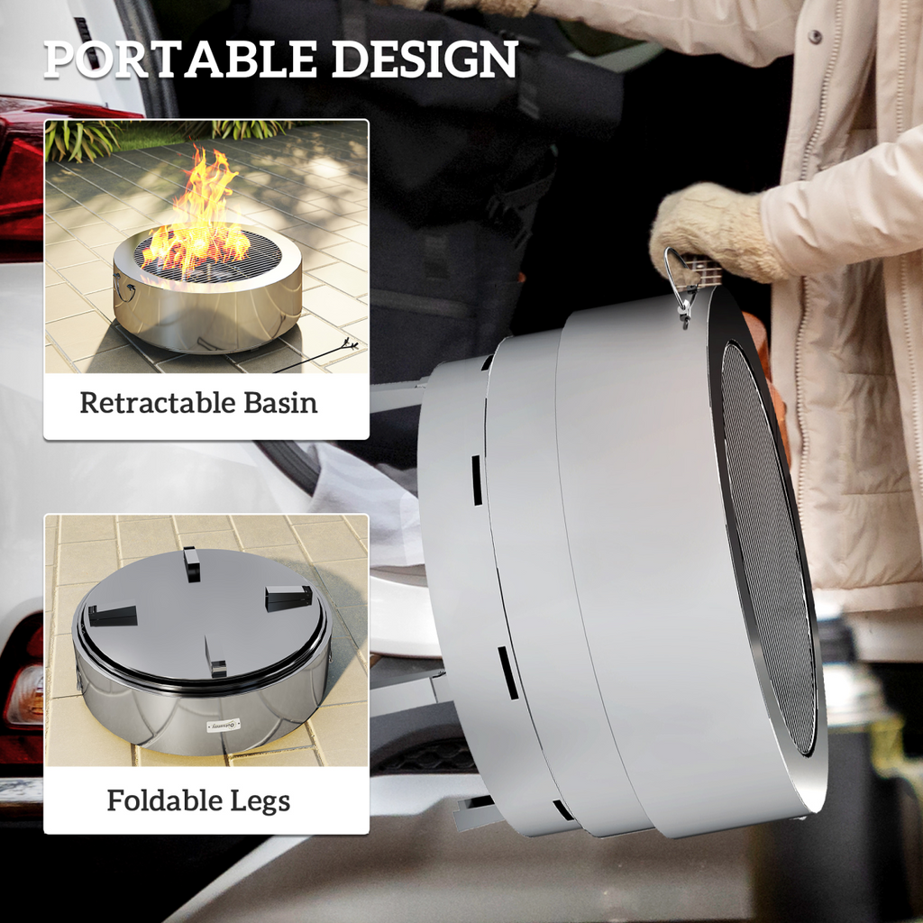 Outsunny Round Fire Pit with Grill Net, Stainless Steel Firepit, Silver