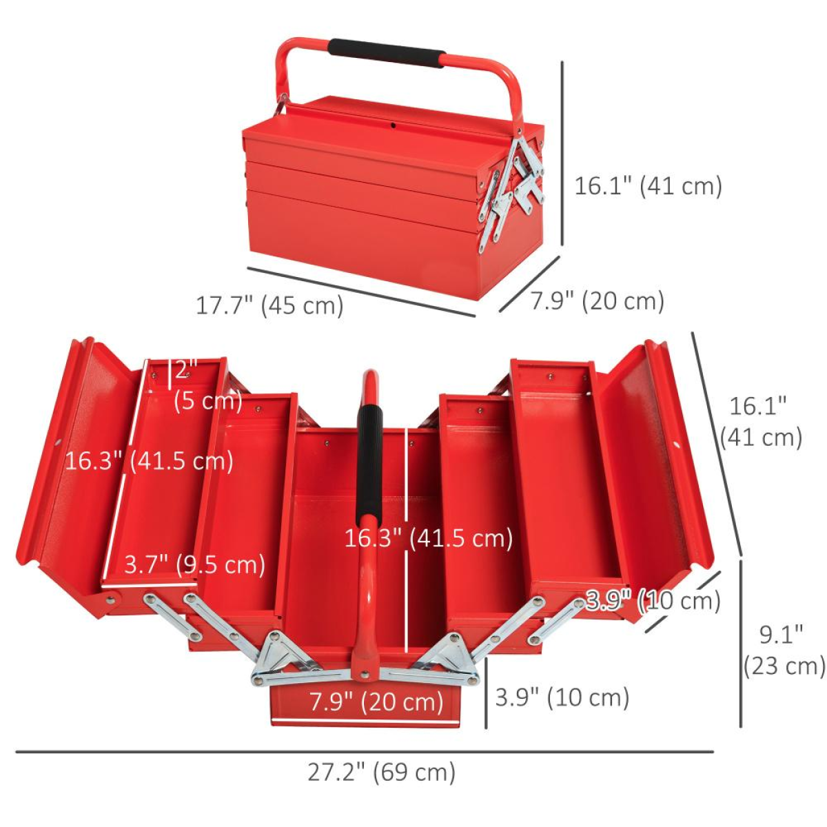 Red Steel Cantilever Tool Box with 5 Trays – 45cm
