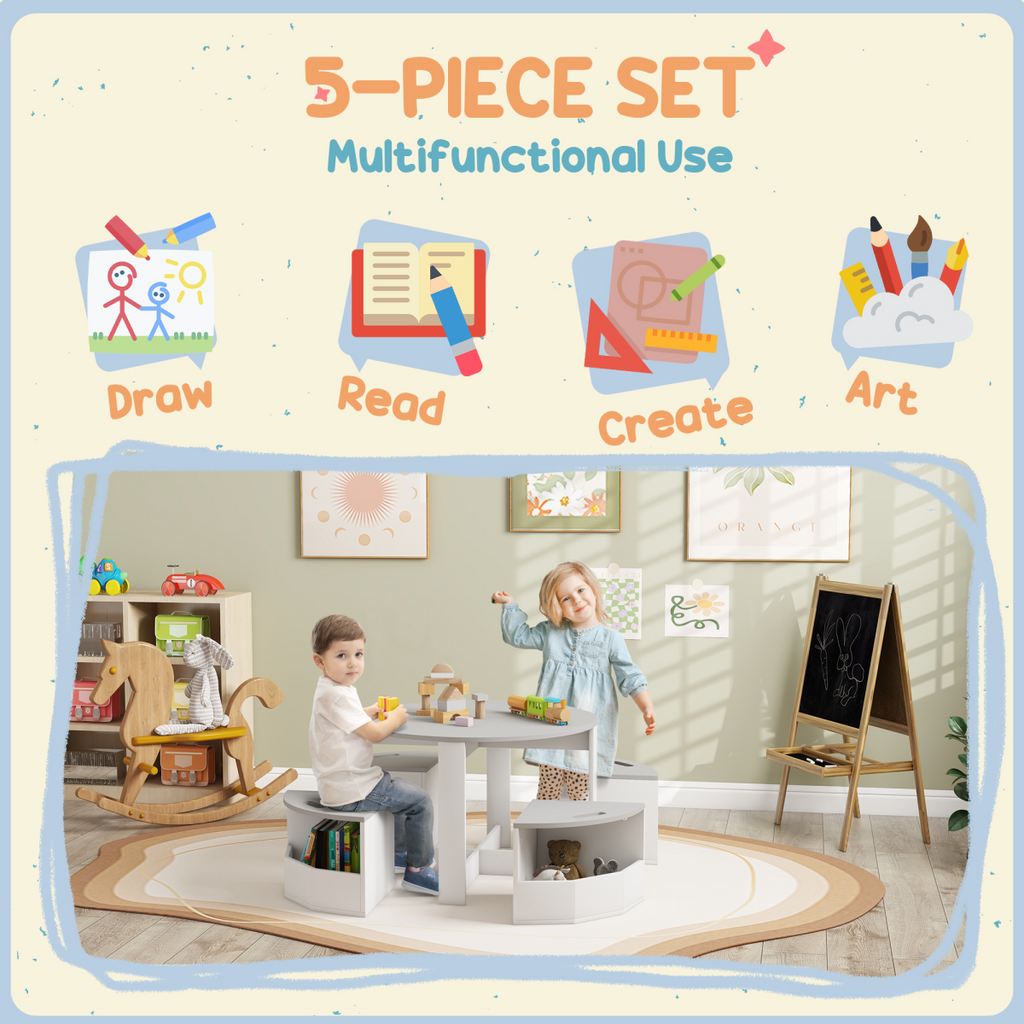 AIYAPLAY 5-Piece Kids Table and Chairs Set w/ Storage for 3-8 Years Old-Grey