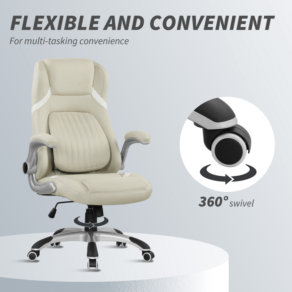 Beige High-Back Linen Office Chair with Flip-Up Arms