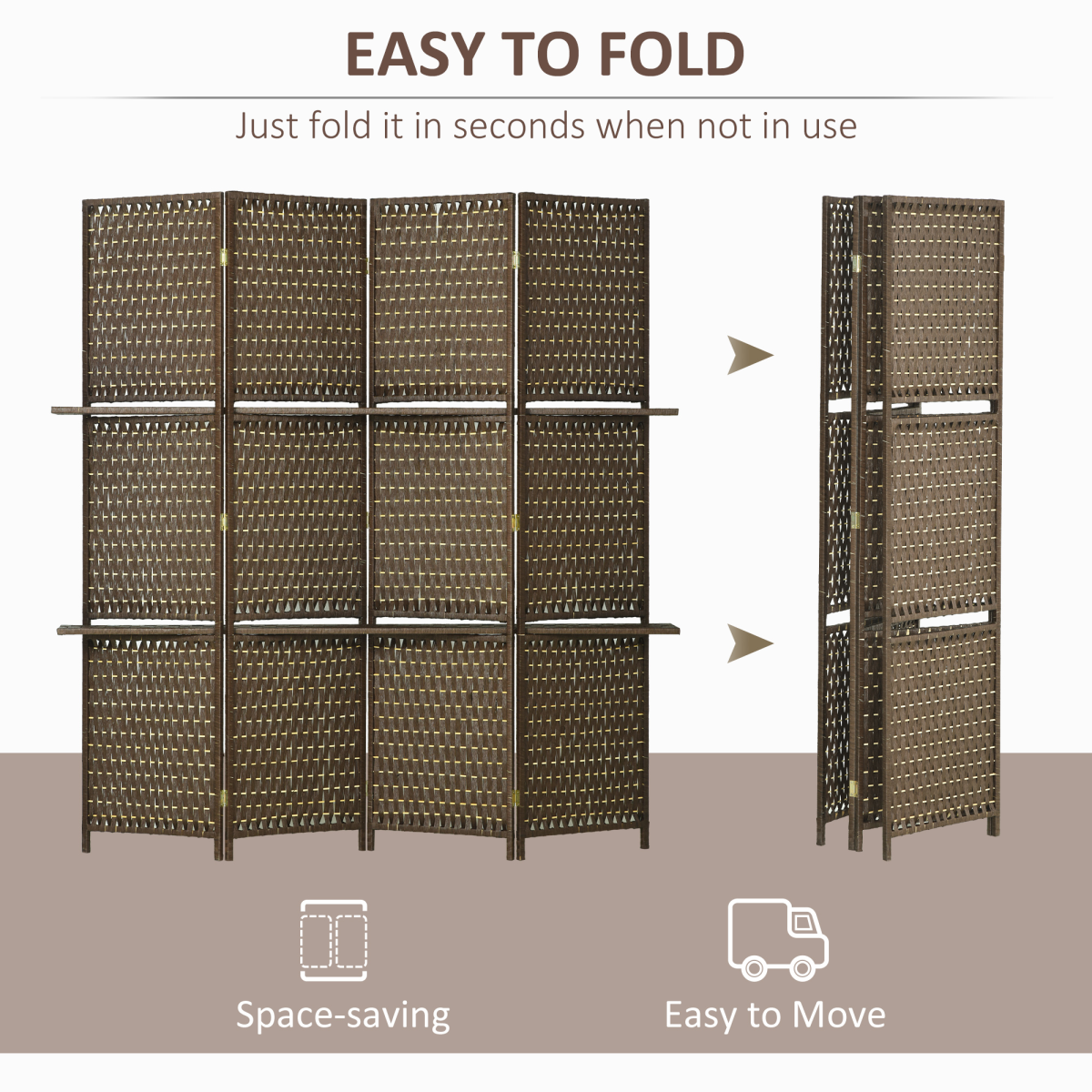 4-Panel Folding Wall Divider Room with Shelves, Privacy Screen Panels, Brown