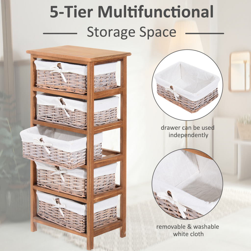 5-Drawers Storage Unit Wooden Frame with Wicker Woven Baskets