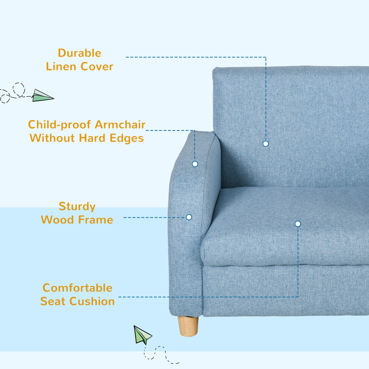 Child Armchair Wood Frame with Cushion Padding Seat Low-Rise Bedroom