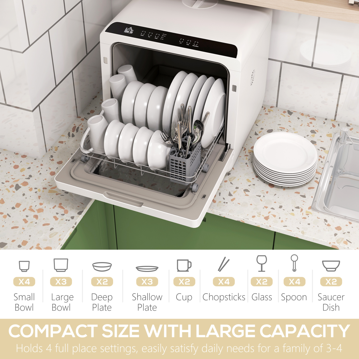 HOMCOM Table Top Dishwasher w/ 4 Place Settings 6 Programmes Fruit Wash Mode