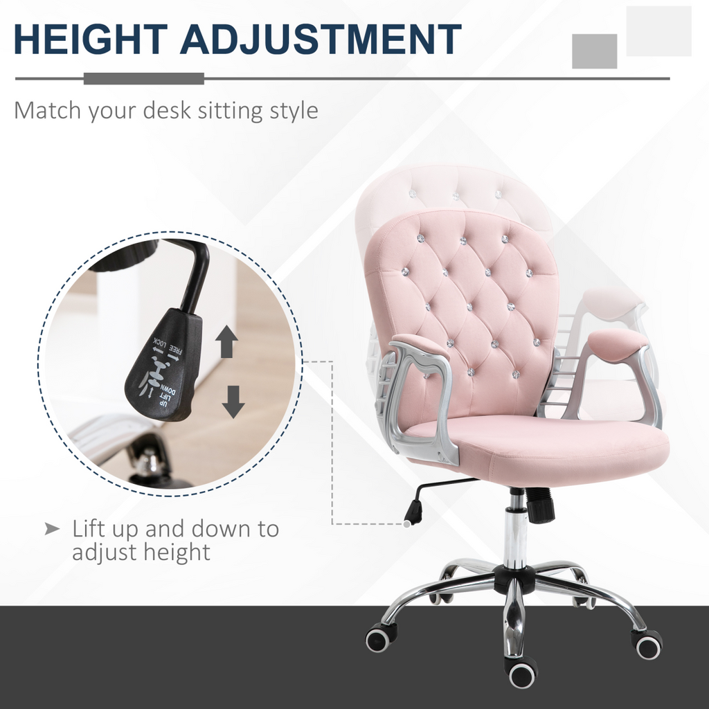 Office Chair Luxury Velour Diamond Tufted Padded Ergonomic 360 – Swivel Pink