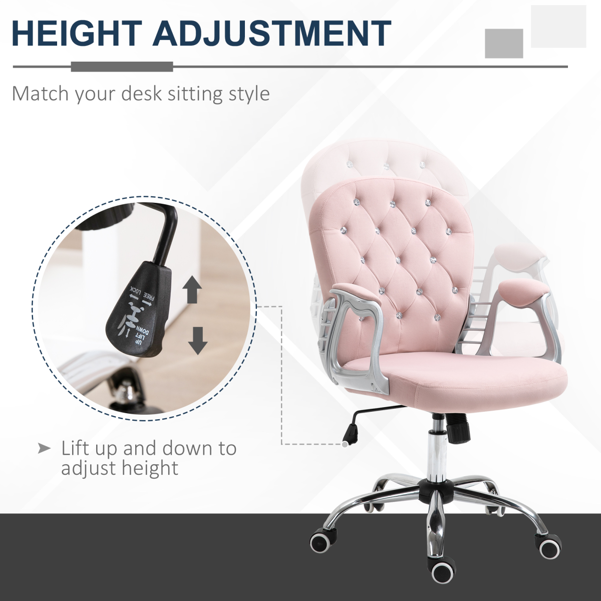 Office Chair Luxury Velour Diamond Tufted Padded Ergonomic 360 – Swivel Pink