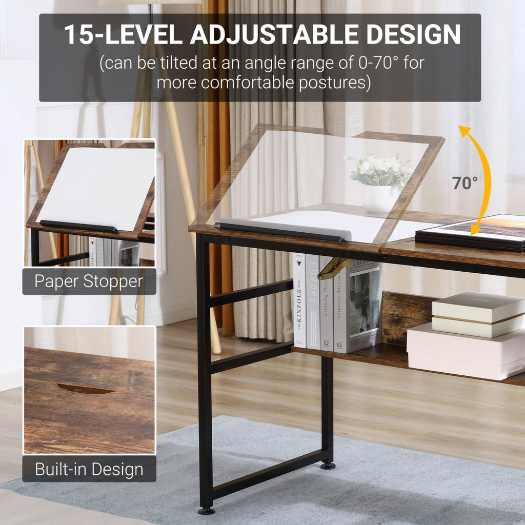 Tiltable Drafting Table Home Office Computer Desk  Shelf, Rustic Brown