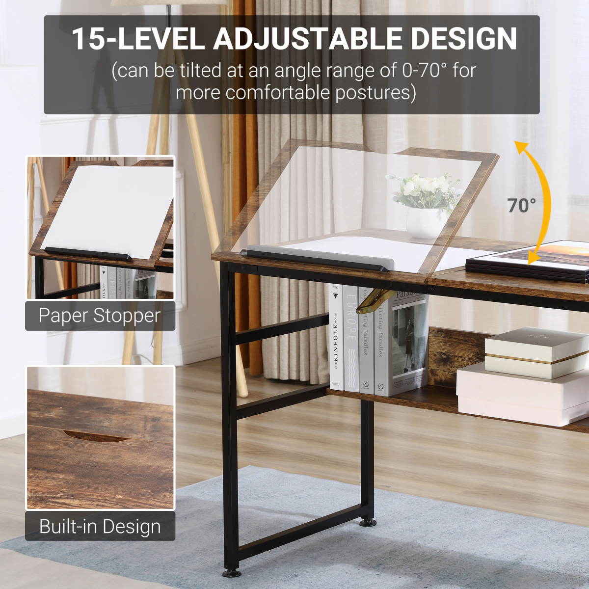 Tiltable Drafting Table Home Office Computer Desk  Shelf, Rustic Brown