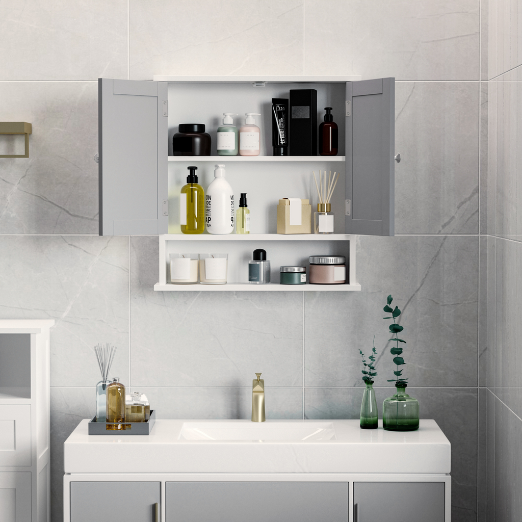 Mirror Cabinet Wall Mounted with Double Mirrored Doors, Hanging Cabinet, Grey