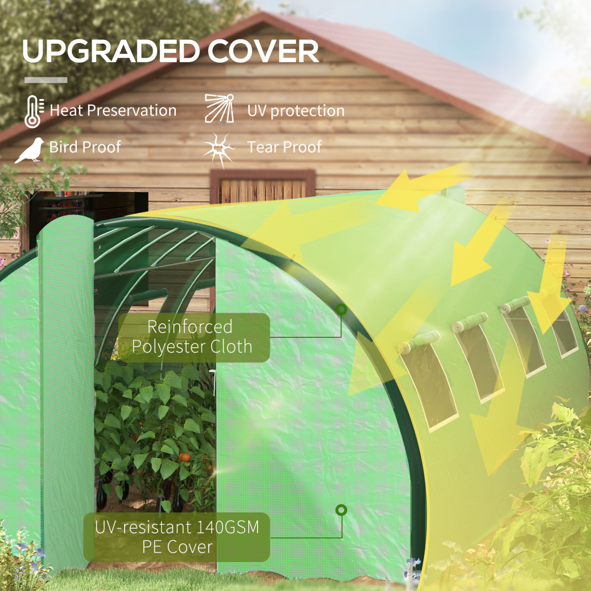 Outsunny Tunnel Greenhouse, Upgraded Structure, Hinged Doors, 6 x 3(m), Green