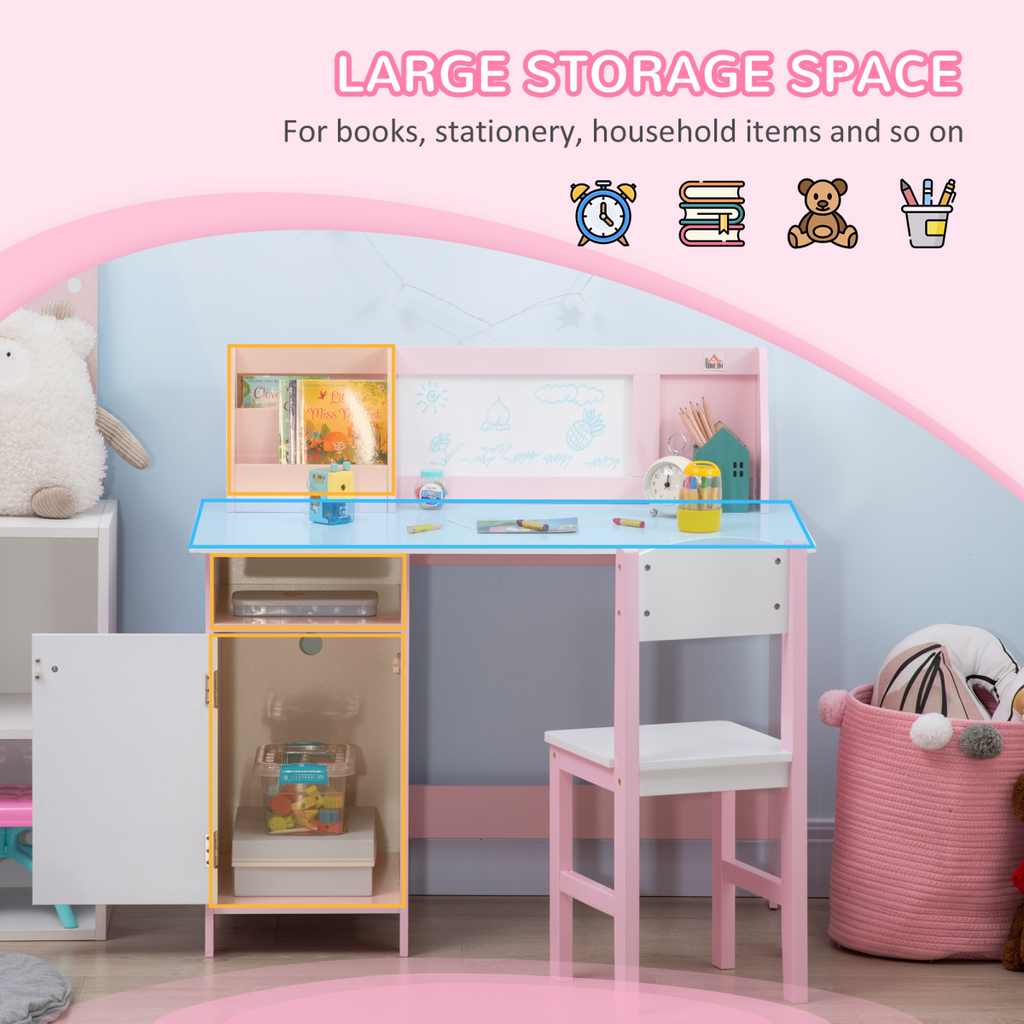 HOMCOM 2 PCs Childrens Table and Chair Set with Whiteboard Storage - Pink