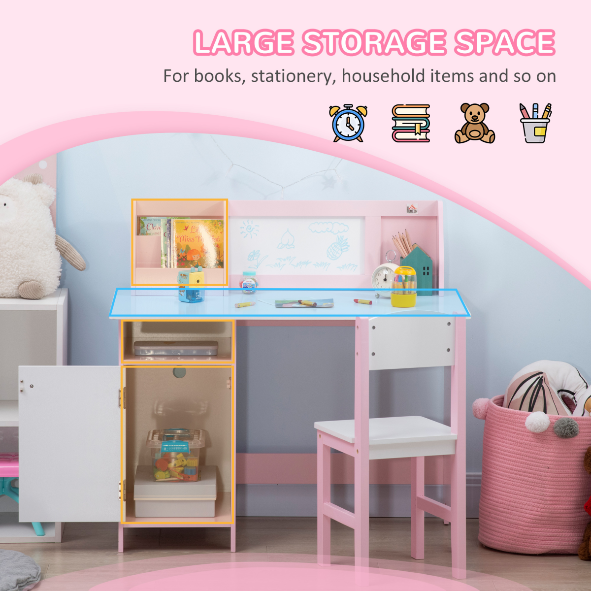 HOMCOM 2 PCs Childrens Table and Chair Set with Whiteboard Storage - Pink