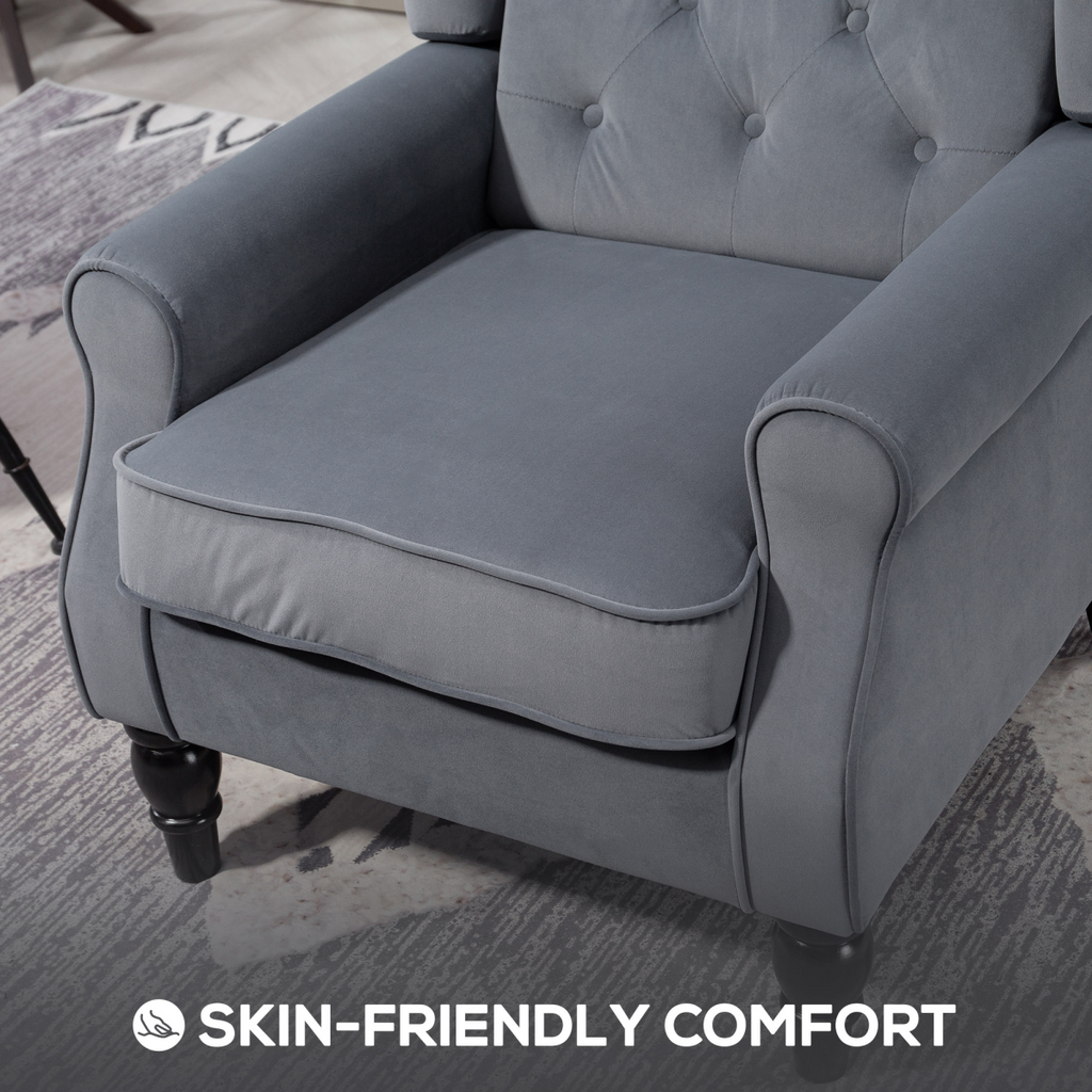 Grey Tufted Velvet High-Back Armchair