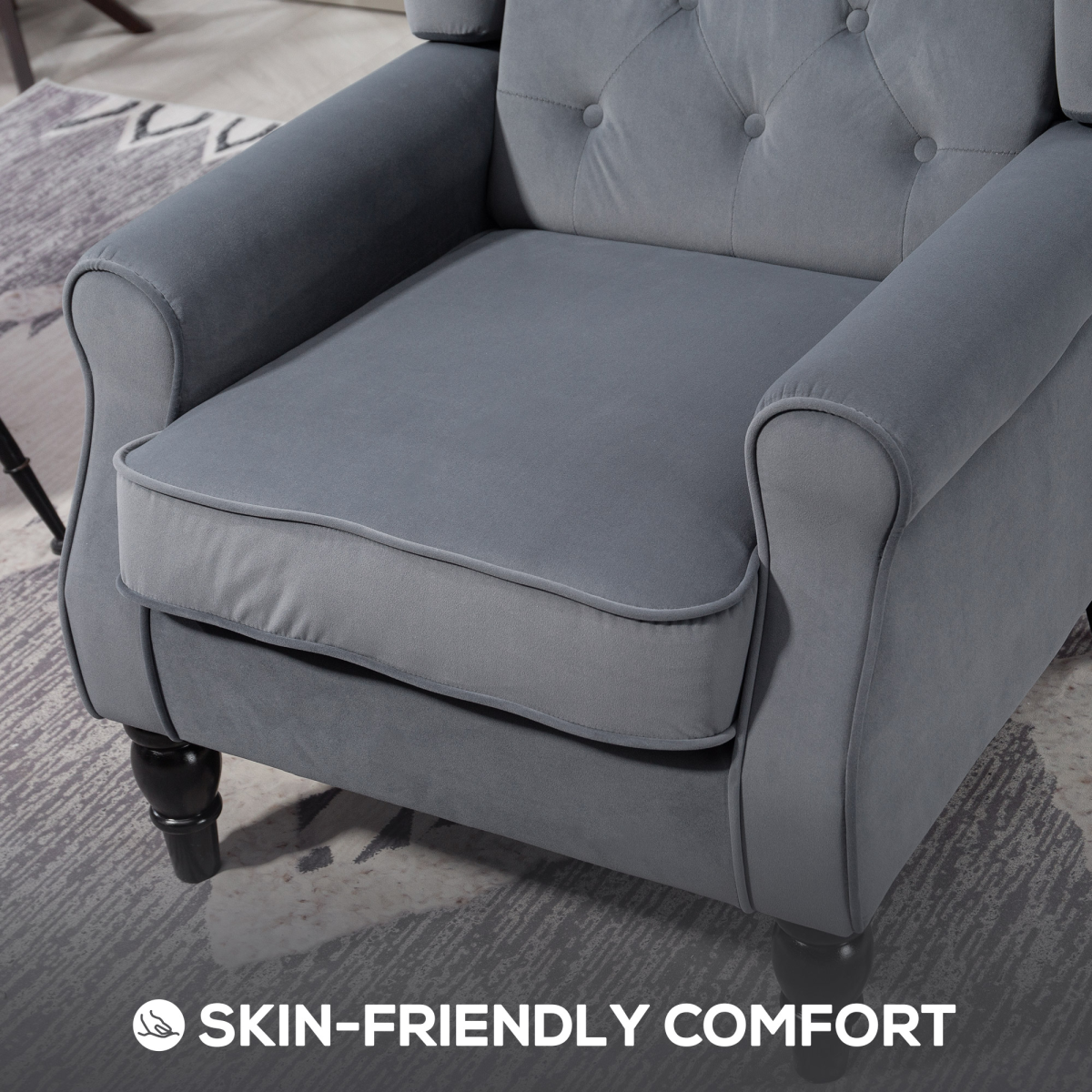 Grey Tufted Velvet High-Back Armchair