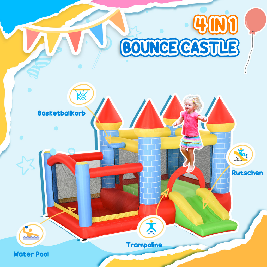 Bouncy Castle W/ Slide Pool 4 in 1 composition W/ Blower Multi-color