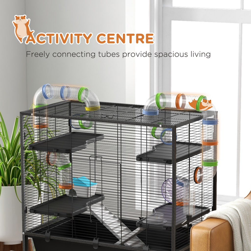PawHut Large Hamster Cage, Rat Cage with Wheels, Tubes, Storage Shelf, Ramps