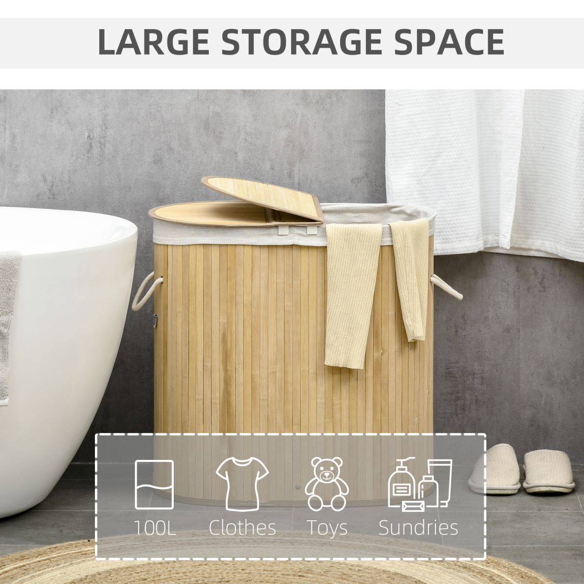 100L Bamboo Laundry Basket with 2 Compartments Washing Baskets Natural HOMCOM