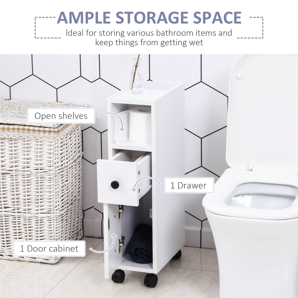 Slimline Bathroom Storage Unit with 2 Drawers 2 Open Compartments Wheels White
