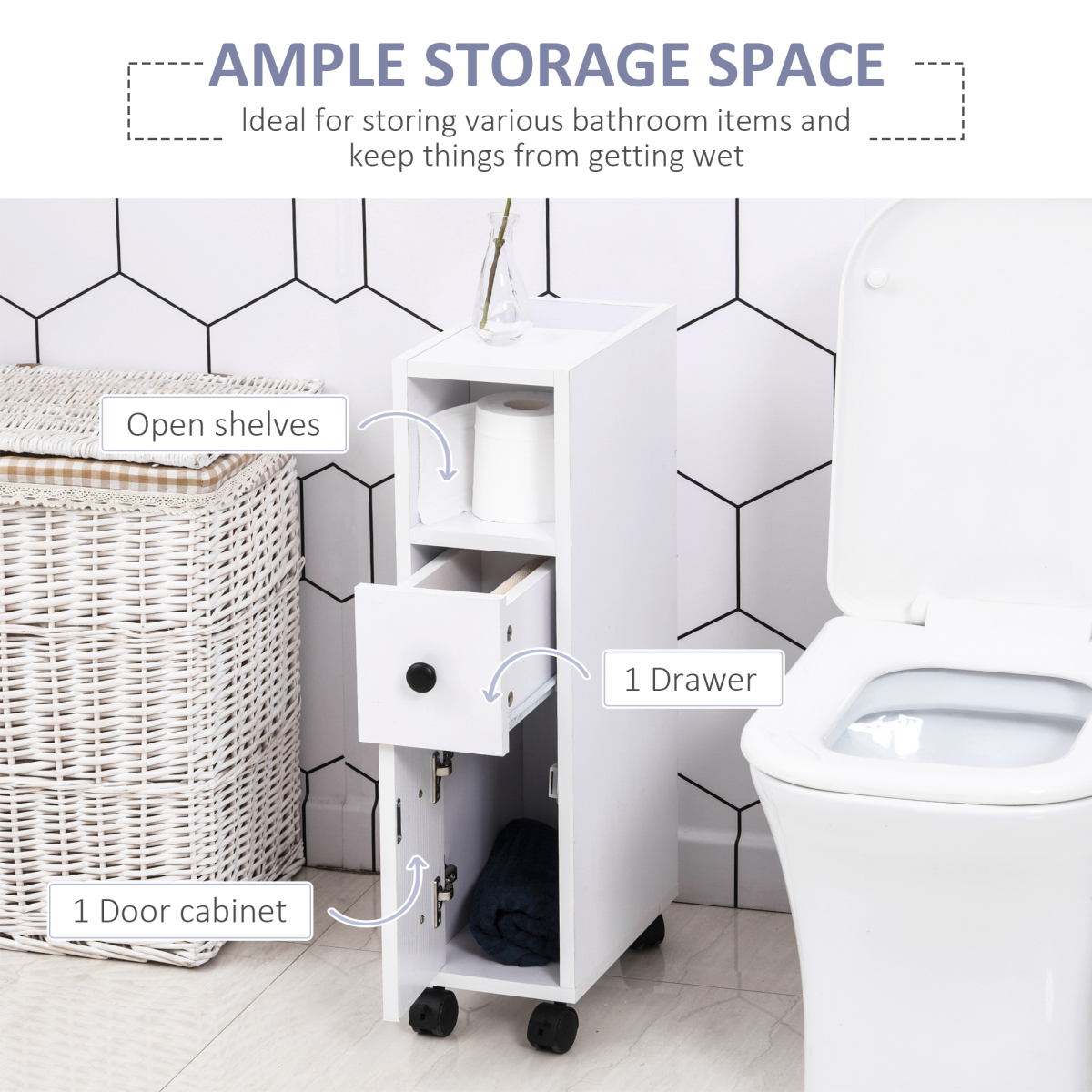 Slimline Bathroom Storage Unit with 2 Drawers 2 Open Compartments Wheels White