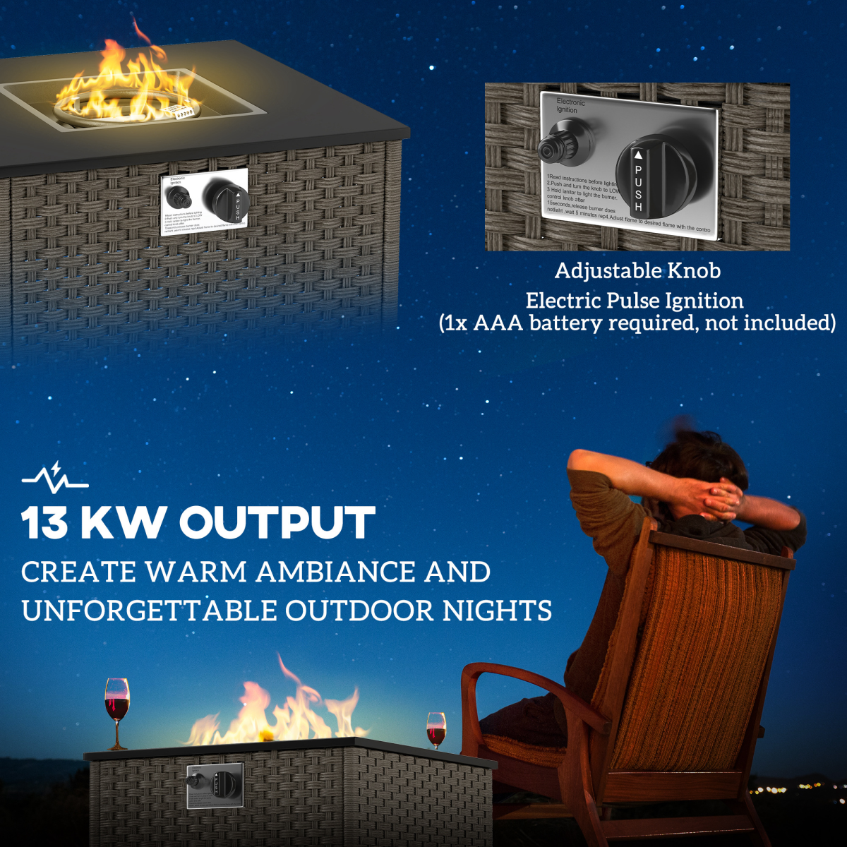 Outsunny 13 KW Rattan Gas Fire Pit Table, Propane Fire Pit for Garden, Grey
