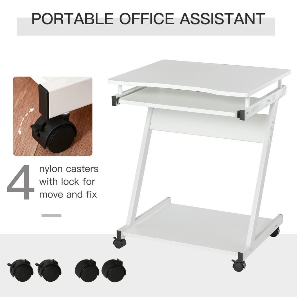 Computer Desk with 4 Moving Wheels Sliding Keyboard Tray White
