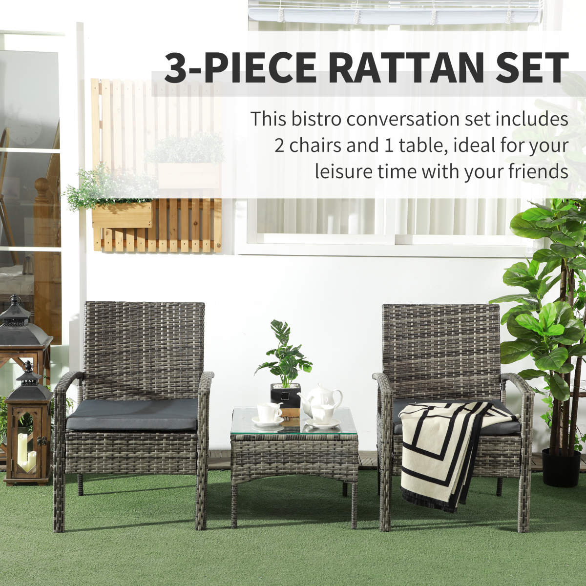Outsunny 3PC Garden Rattan Bistro Set Balcony Dining Table Chair Mixed Grey