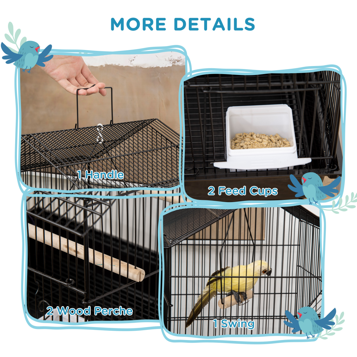 Metal Bird Cage w/ Plastic Perch Food Container Handle 50.5 x 40 x 63cm Black