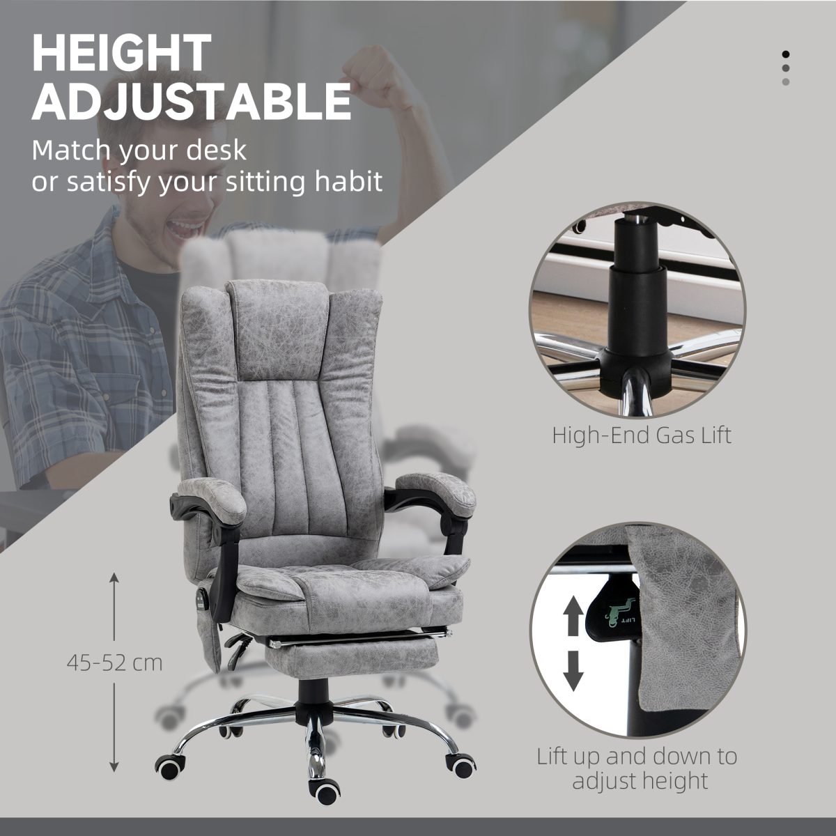 6-Point Vibrating Massage Office Chair with Microfibre Upholstery Arms Grey