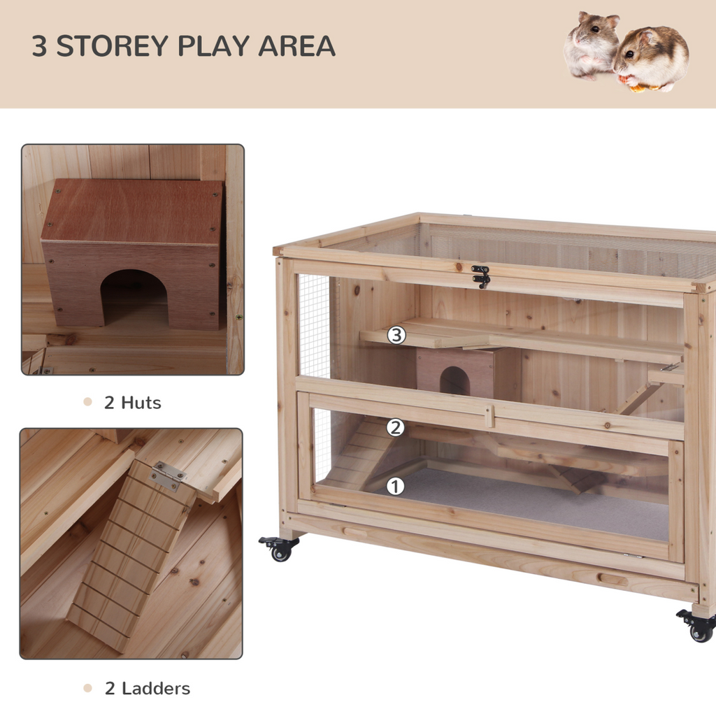 3-Tier Wooden Hamster Cage, Roden Small Animals Hutch, Ladders, Natural Wood