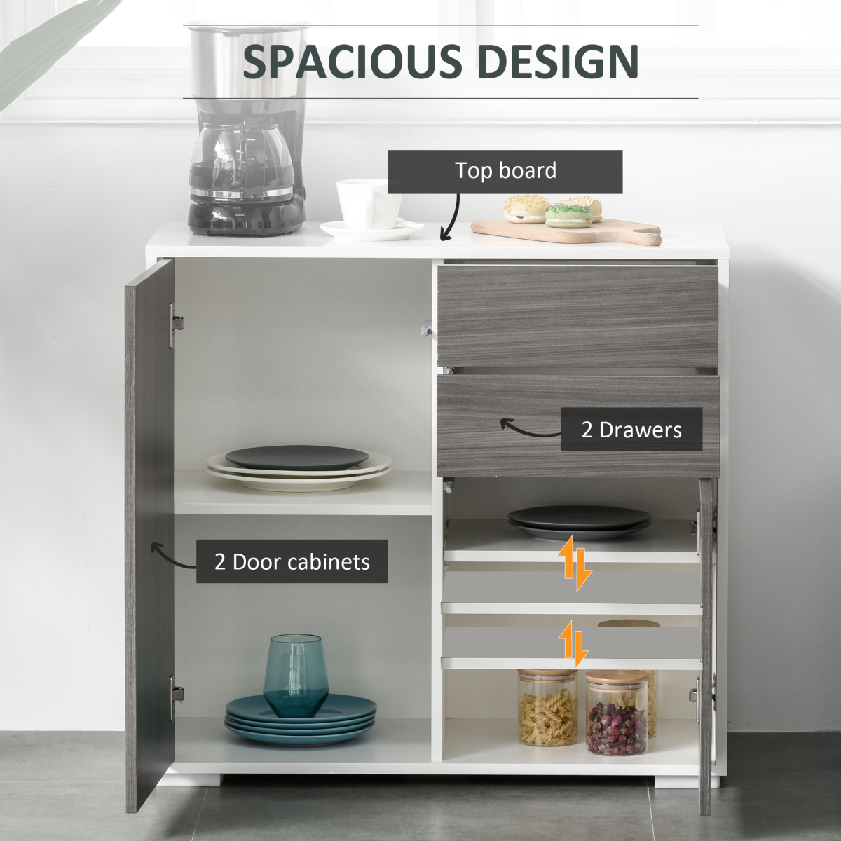 Side Cabinet with 2 Door Cabinet and 2 Drawer for Home Office Grey