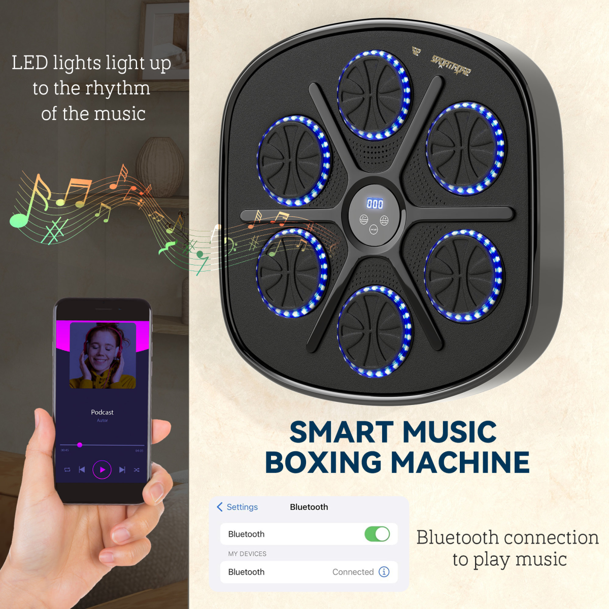 SPORTNOW Smart Bluetooth Boxing Machine Wall Mounted with 9 Speeds & Modes