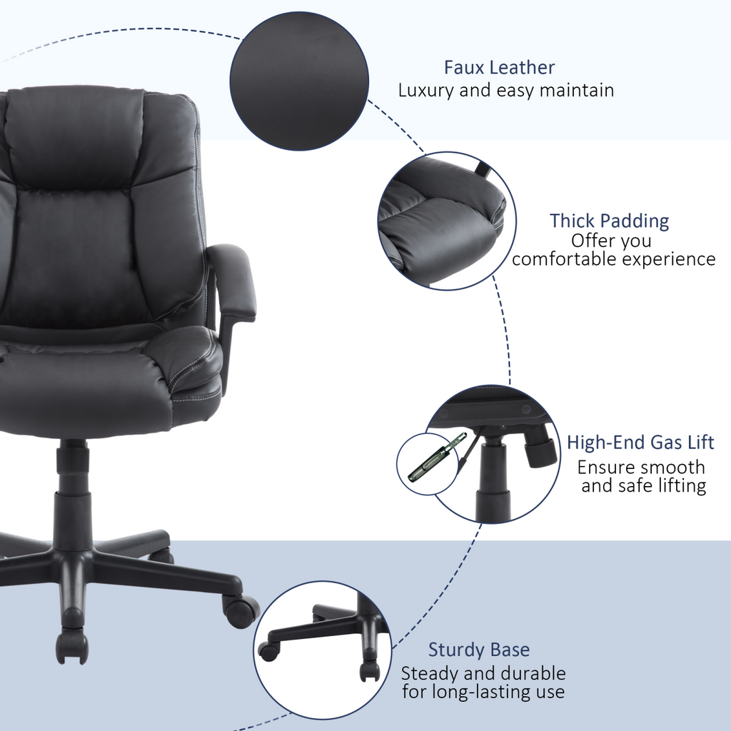 Swivel Executive Office Chair Mid Back PU Leather Chair with Arm, Black HOMCOM