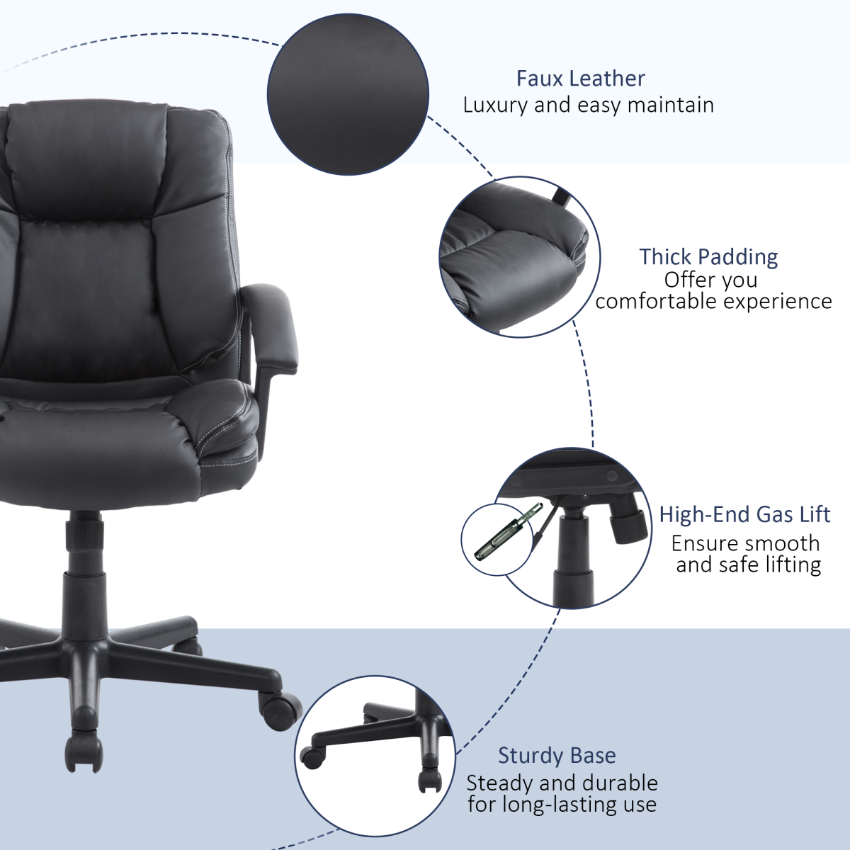 Swivel Executive Office Chair Mid Back PU Leather Chair with Arm, Black HOMCOM