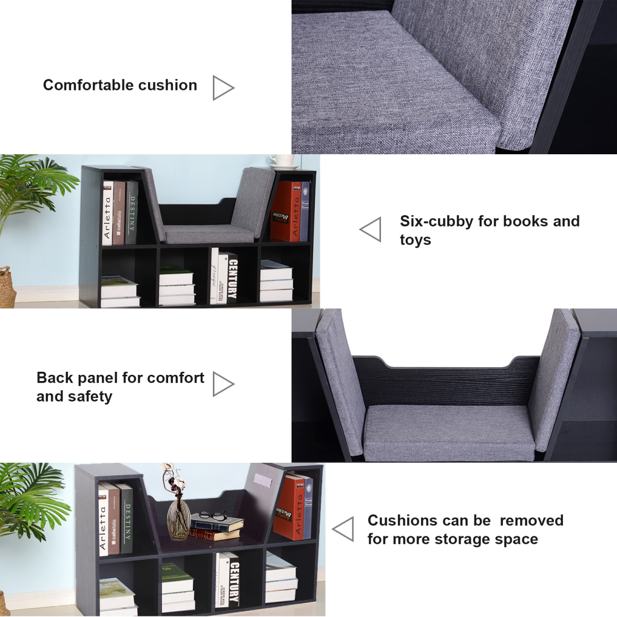Sideboard Bookcase Storage Reading Seat w/Cushion Unit Kids Children Black
