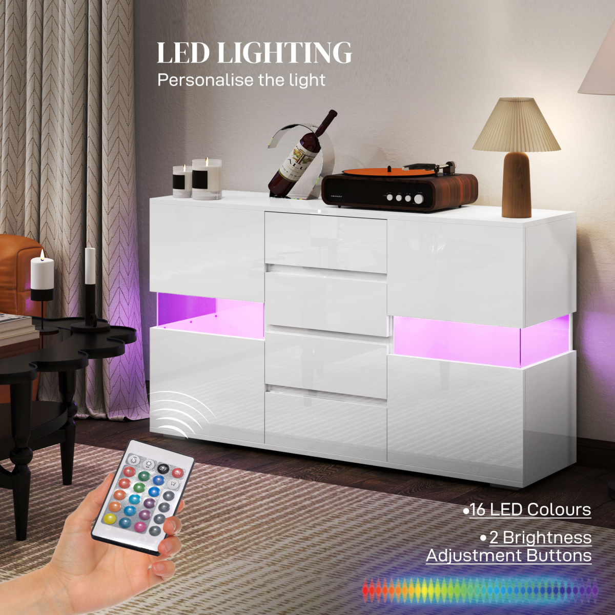 HOMCOM LED Sideboard, High Gloss Storage Cabinet with 4 Drawers, White