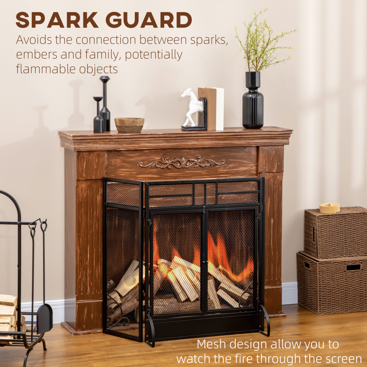 3-Panel Folding Fireplace Screen Spark Guard Metal Mesh Fireguard Black