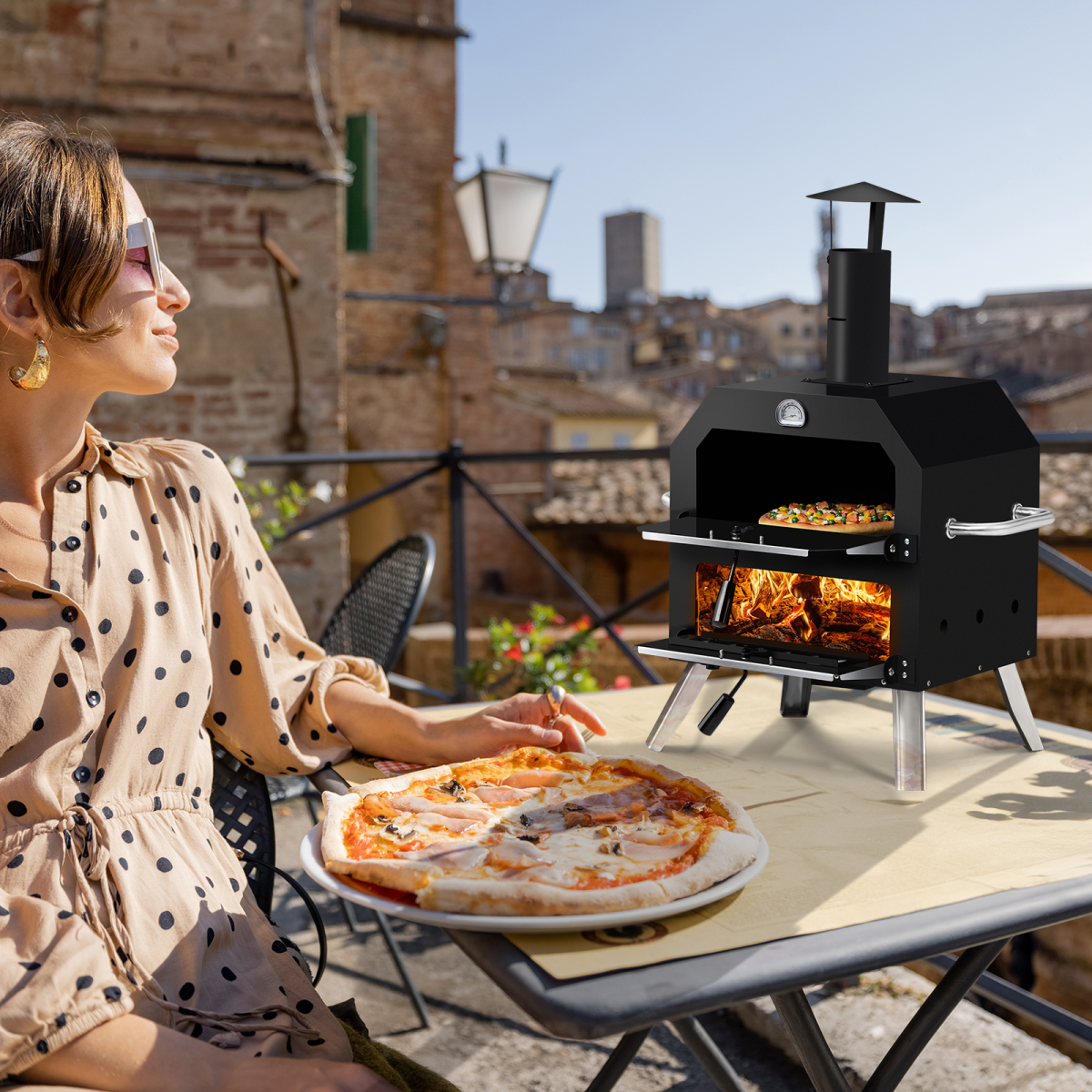 Outdoor Pizza Oven Wood Fired 2-Layer Pizza Ovens Outside Pizza Maker with Stone